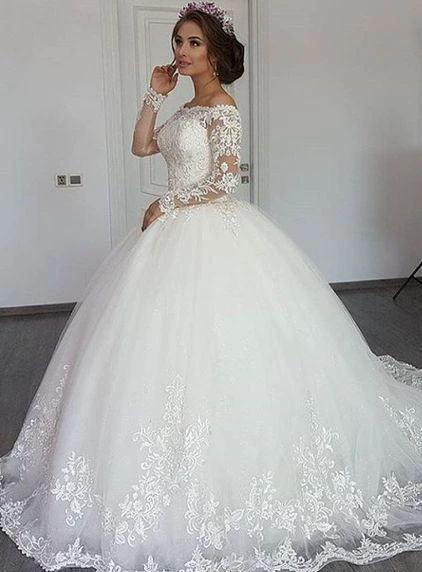 Beautiful Long Sleeve Off the Shoulder Appliques Lace Princess Wedding Dress by BIZTUNNEL