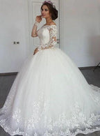 Beautiful Long Sleeve Off the Shoulder Appliques Lace Princess Wedding Dress by BIZTUNNEL