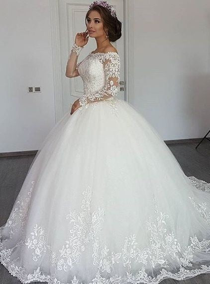 Beautiful Long Sleeve Off the Shoulder Appliques Lace Princess Wedding Dress Hover Image