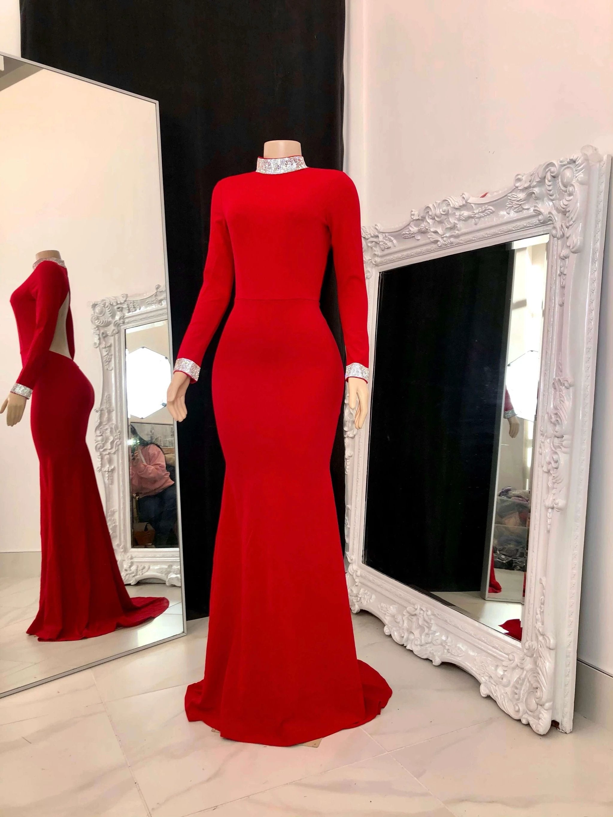 Beautiful Long Sleeves Backless High Neck Mermaid Prom Dress by misshow.com