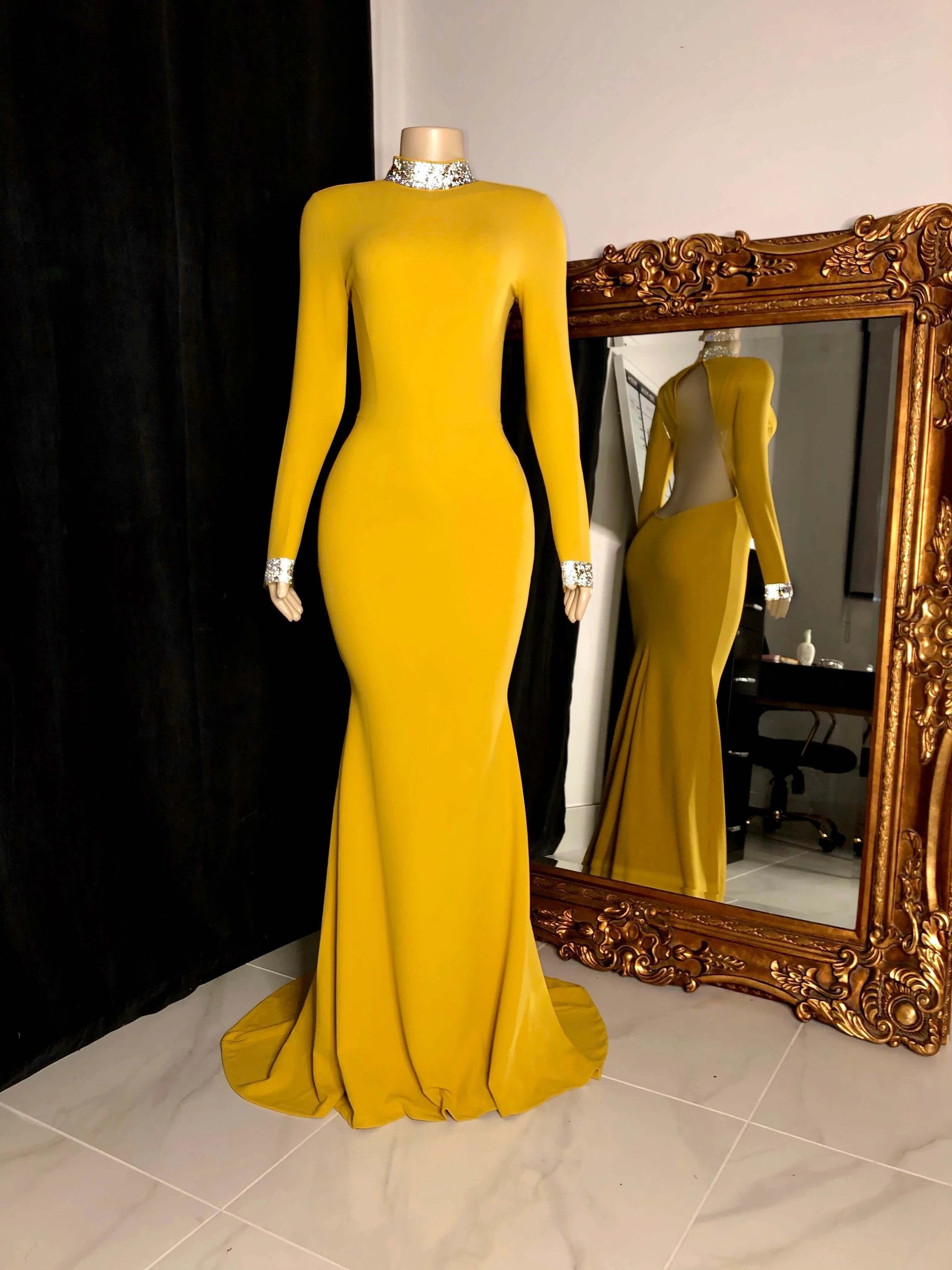 Beautiful Long Sleeves Backless High Neck Mermaid Prom Dress by misshow.com