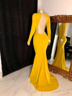 Beautiful Long Sleeves Backless High Neck Mermaid Prom Dress by misshow.com