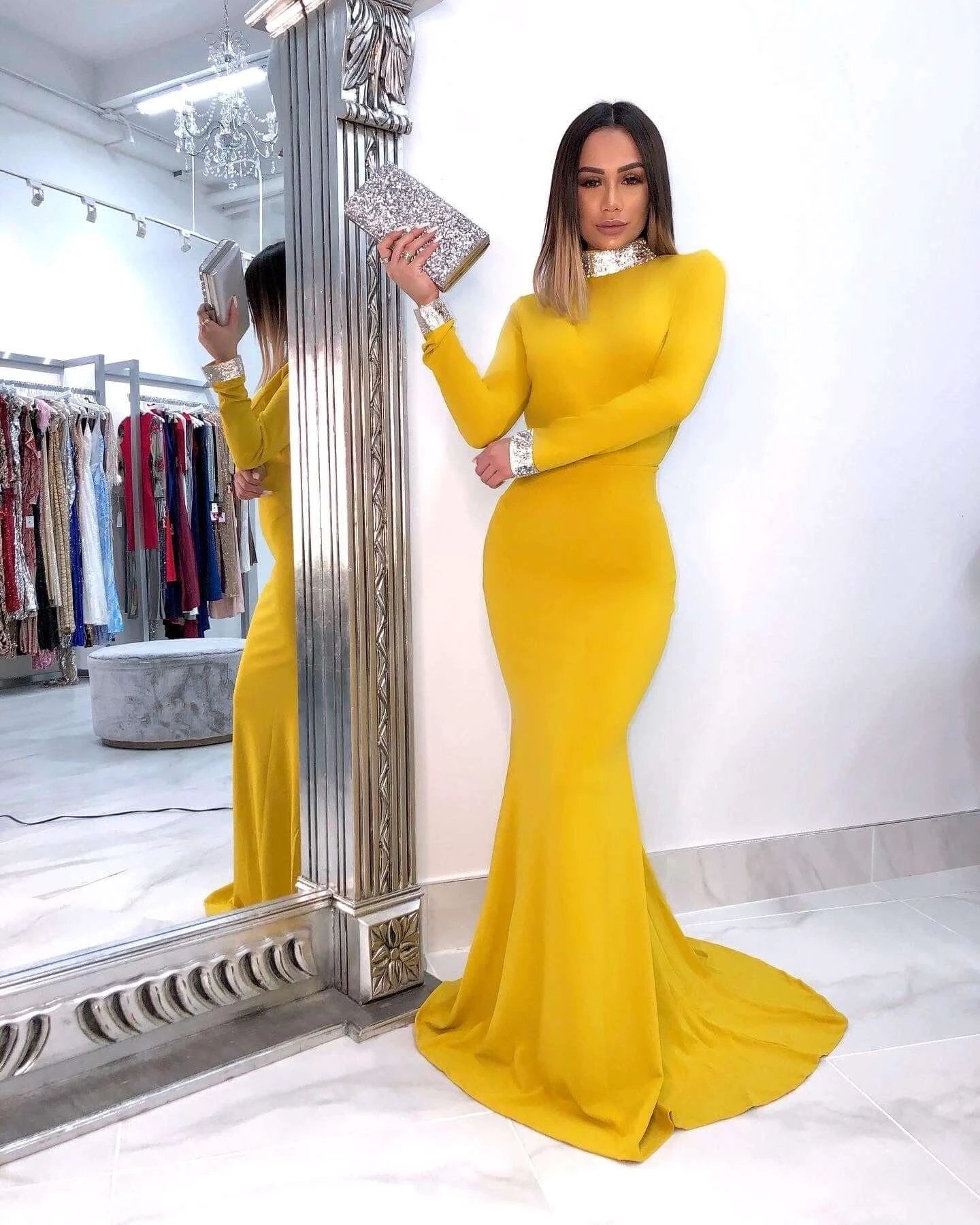 Beautiful Long Sleeves Backless High Neck Mermaid Prom Dress by misshow.com