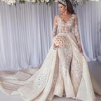 Beautiful Long Sleeves Lace Mermaid Overskirt Wedding Dress Bridal Wears by misshow.com