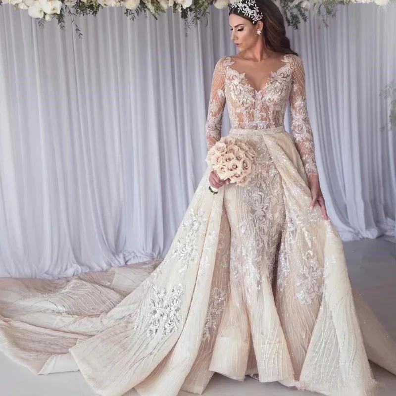 Beautiful Long Sleeves Lace Mermaid Overskirt Wedding Dress Bridal Wears by misshow.com