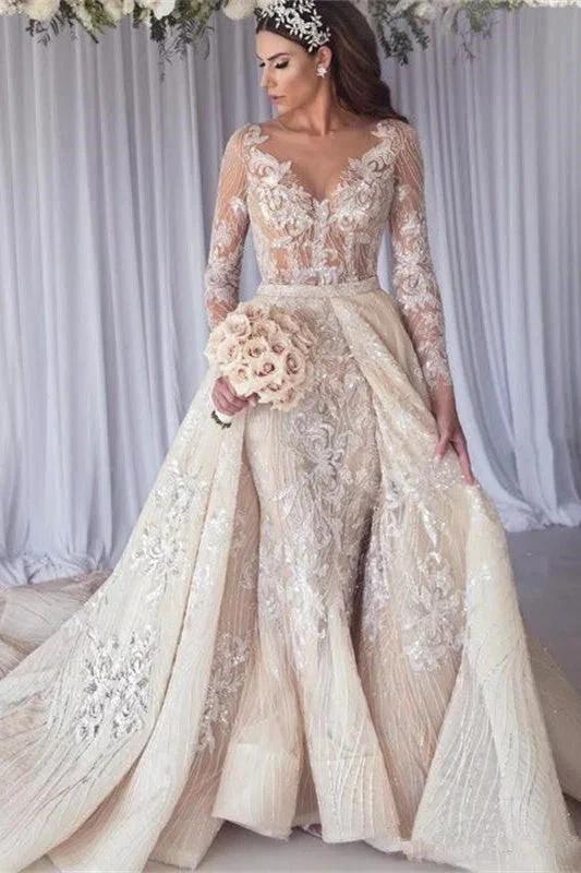 Beautiful Long Sleeves Lace Mermaid Overskirt Wedding Dress Bridal Wears by misshow.com