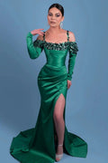 Beautiful Long Spaghetti Green Satin Mermaid Prom Dresses With Long Sleeve by misshow.com