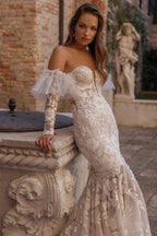 Beautiful Long Strapless Tulle Mermaid Wedding Dresses With Embroidery by misshow.com