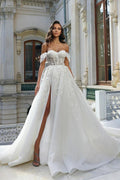 Beautiful Long White A-line Off-the-shoulder Lace Flowers Wedding Dress With Slit by misshow.com