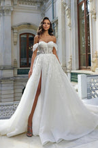 Beautiful Long White A-line Off-the-shoulder Lace Flowers Wedding Dress With Slit by misshow.com