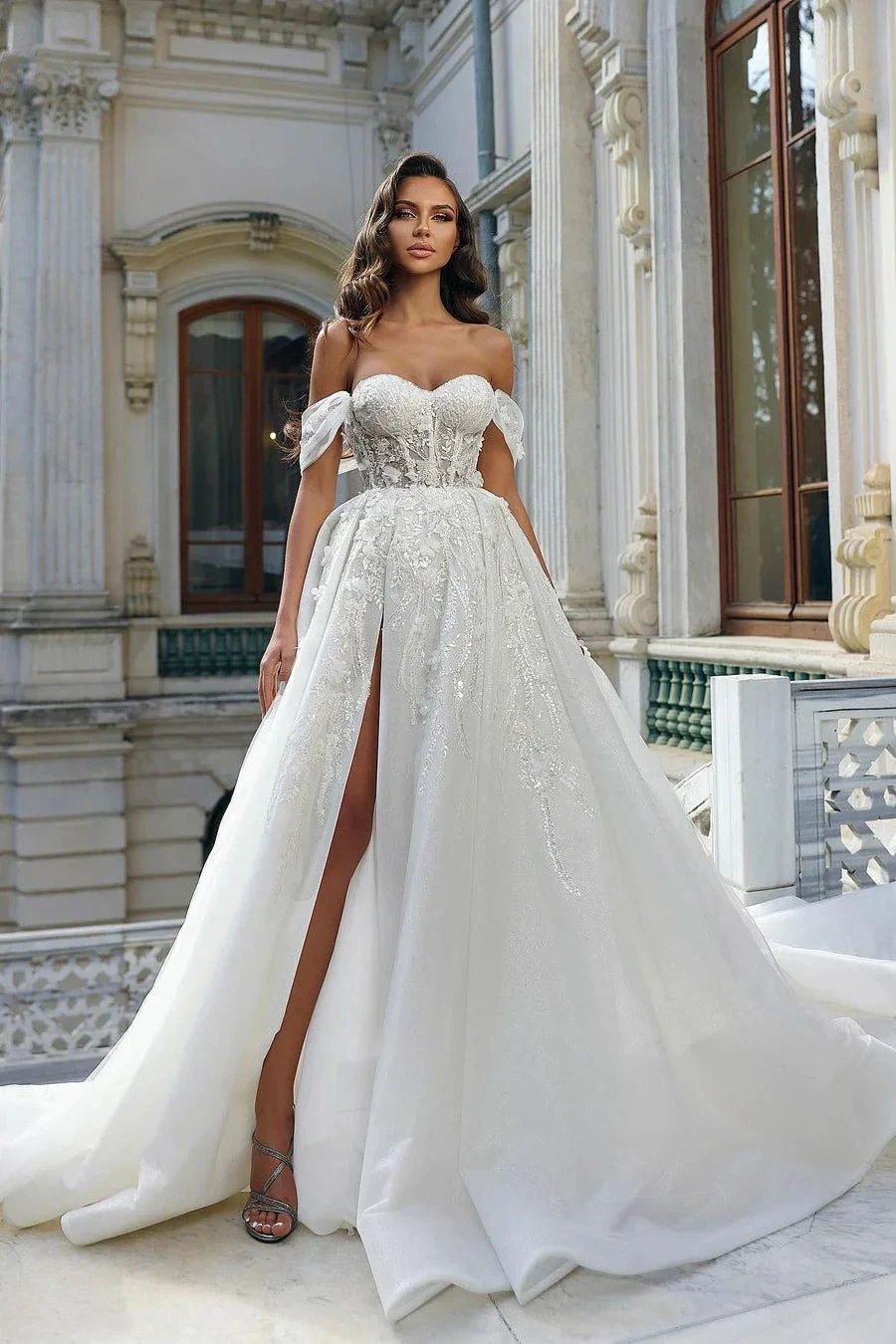 Beautiful Long White A-line Off-the-shoulder Lace Flowers Wedding Dress With Slit by misshow.com