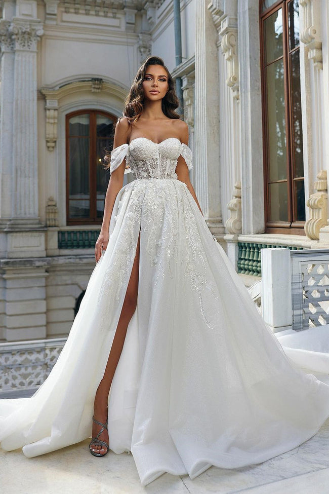 Beautiful Long White A-line Off-the-shoulder Lace Flowers Wedding Dress With Slit Hover Image