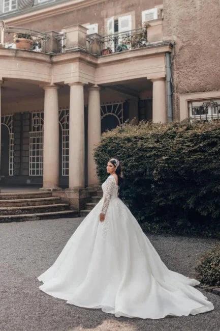 Beautiful Long White A-line Square Neck Lace Wedding Dress with Long Sleeves by misshow.com