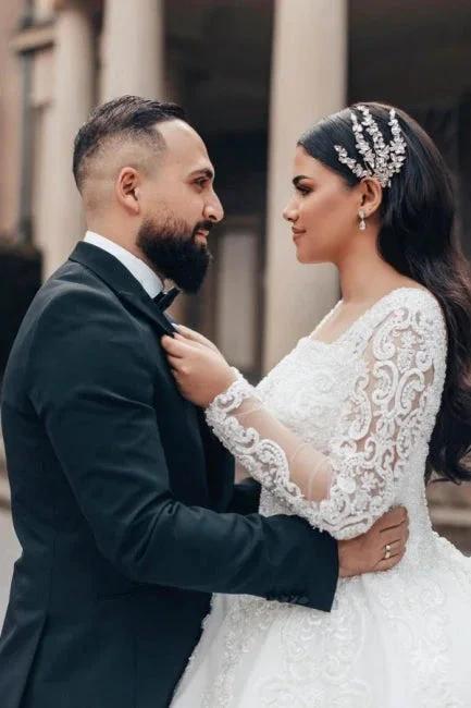 Beautiful Long White A-line Square Neck Lace Wedding Dress with Long Sleeves by misshow.com