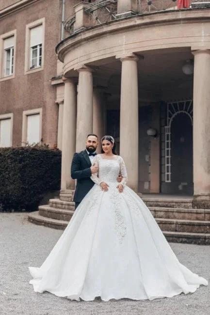 Beautiful Long White A-line Square Neck Lace Wedding Dress with Long Sleeves by misshow.com
