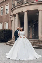 Beautiful Long White A-line Square Neck Lace Wedding Dress with Long Sleeves by misshow.com