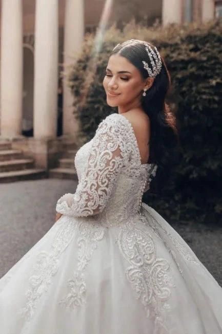 Beautiful Long White A-line Square Neck Lace Wedding Dress with Long Sleeves by misshow.com