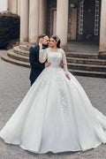 Beautiful Long White A-line Square Neck Lace Wedding Dress with Long Sleeves by misshow.com