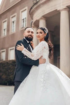 Beautiful Long White A-line Square Neck Lace Wedding Dress with Long Sleeves by misshow.com
