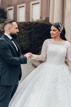 Beautiful Long White A-line Square Neck Lace Wedding Dress with Long Sleeves by misshow.com