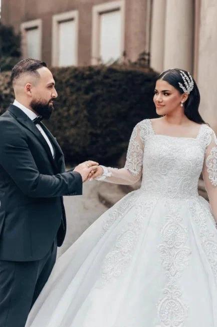 Beautiful Long White A-line Square Neck Lace Wedding Dress with Long Sleeves by misshow.com