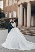 Beautiful Long White A-line Square Neck Lace Wedding Dress with Long Sleeves by misshow.com