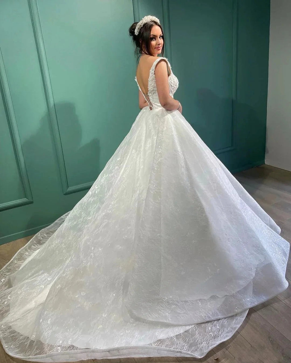 Beautiful Long White A-line V-neck Lace Sleeveless Wedding Dress by misshow.com