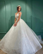 Beautiful Long White A-line V-neck Lace Sleeveless Wedding Dress by misshow.com