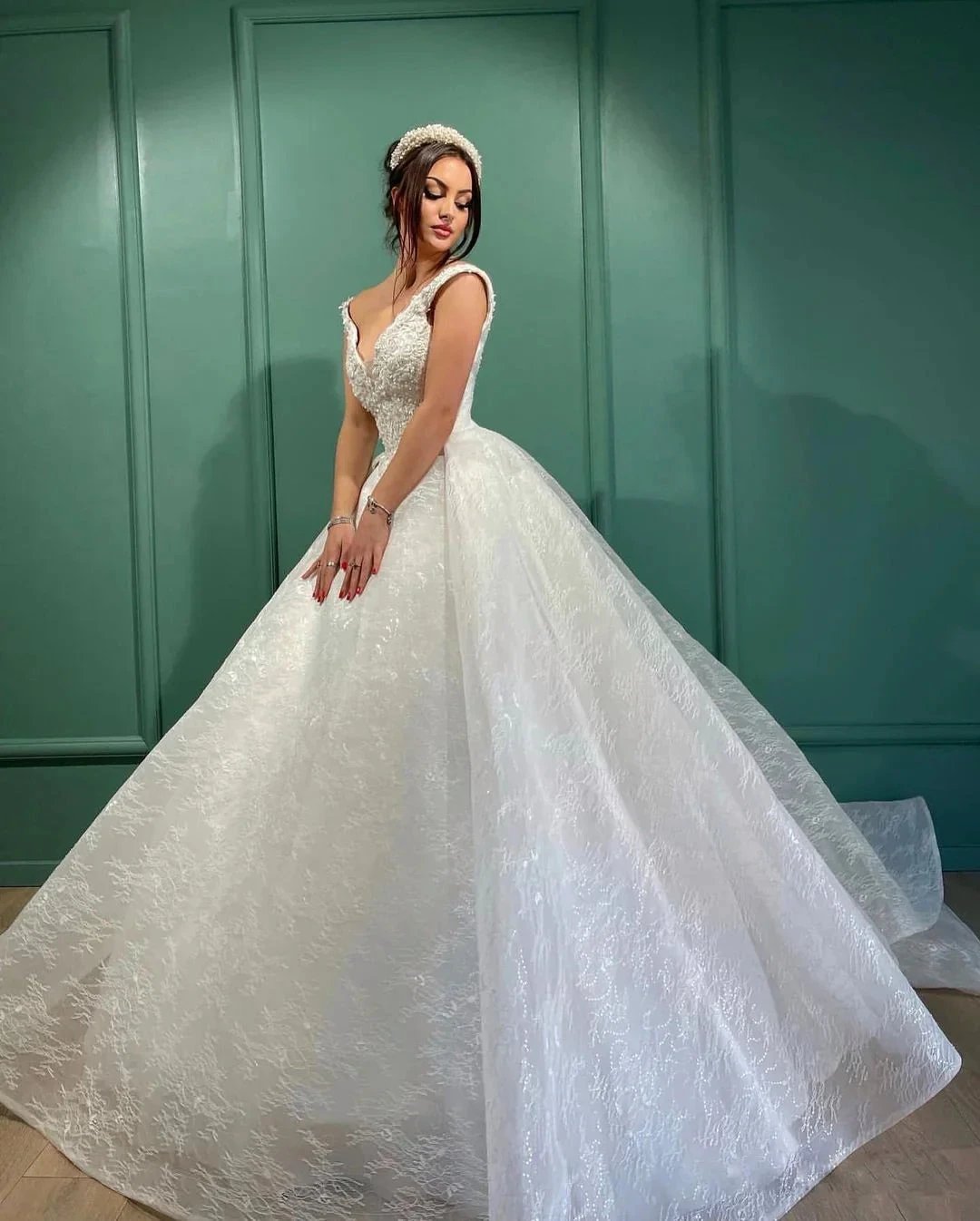 Beautiful Long White A-line V-neck Lace Sleeveless Wedding Dress by misshow.com