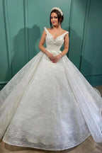 Beautiful Long White A-line V-neck Lace Sleeveless Wedding Dress by misshow.com