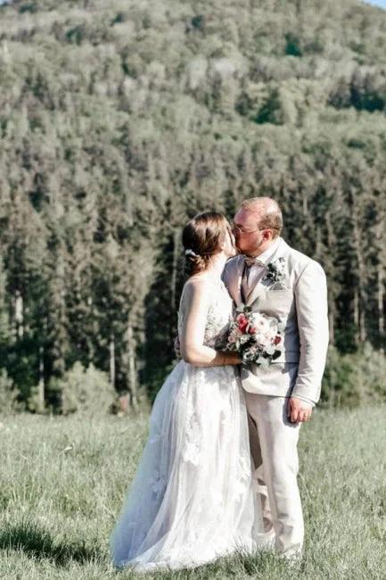 Beautiful Long White A-line V-neck Sleeveless Wedding Dress with Lace by misshow.com