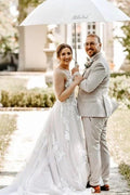 Beautiful Long White A-line V-neck Sleeveless Wedding Dress with Lace by misshow.com