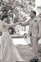Beautiful Long White A-line V-neck Sleeveless Wedding Dress with Lace by misshow.com
