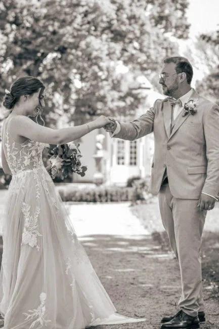 Beautiful Long White A-line V-neck Sleeveless Wedding Dress with Lace by misshow.com