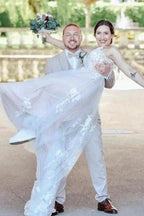 Beautiful Long White A-line V-neck Sleeveless Wedding Dress with Lace by misshow.com