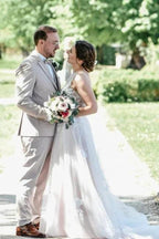 Beautiful Long White A-line V-neck Sleeveless Wedding Dress with Lace by misshow.com