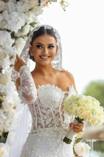 Beautiful Long White Mermaid Off-the-shoulder Lace Glitter Wedding Dress with Long Sleeves by misshow.com