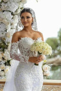 Beautiful Long White Mermaid Off-the-shoulder Lace Glitter Wedding Dress with Long Sleeves by misshow.com