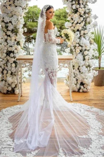 Beautiful Long White Mermaid Off-the-shoulder Lace Glitter Wedding Dress with Long Sleeves by misshow.com