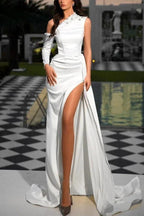 Beautiful Long White One Shoulder Sequined Evening Dresses With Slit by misshow.com