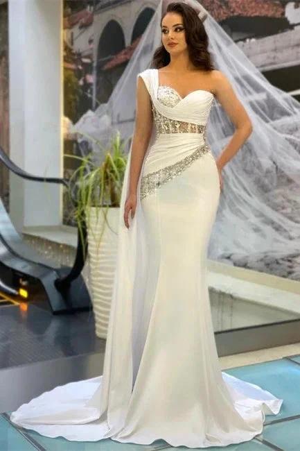 Beautiful Long White One Shoulder Sleeveless Mermaid Evening Dresses With Glitter by misshow.com