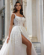 Beautiful Long White Straps A-line Sleeveless Lace Wedding Dress With Slit by misshow.com