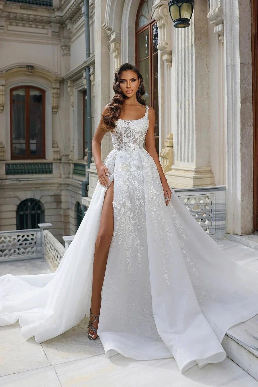 Beautiful Long White Straps A-line Sleeveless Lace Wedding Dress With Slit by misshow.com