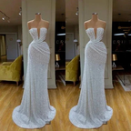Beautiful Long White V-neck Sleeveless Sequined Mermaid Prom Dress by misshow.com