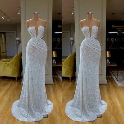 Beautiful Long White V-neck Sleeveless Sequined Mermaid Prom Dress by misshow.com