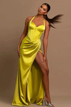 Beautiful Long Yellow Halter Sleeveless Prom Dress With Slit by misshow.com