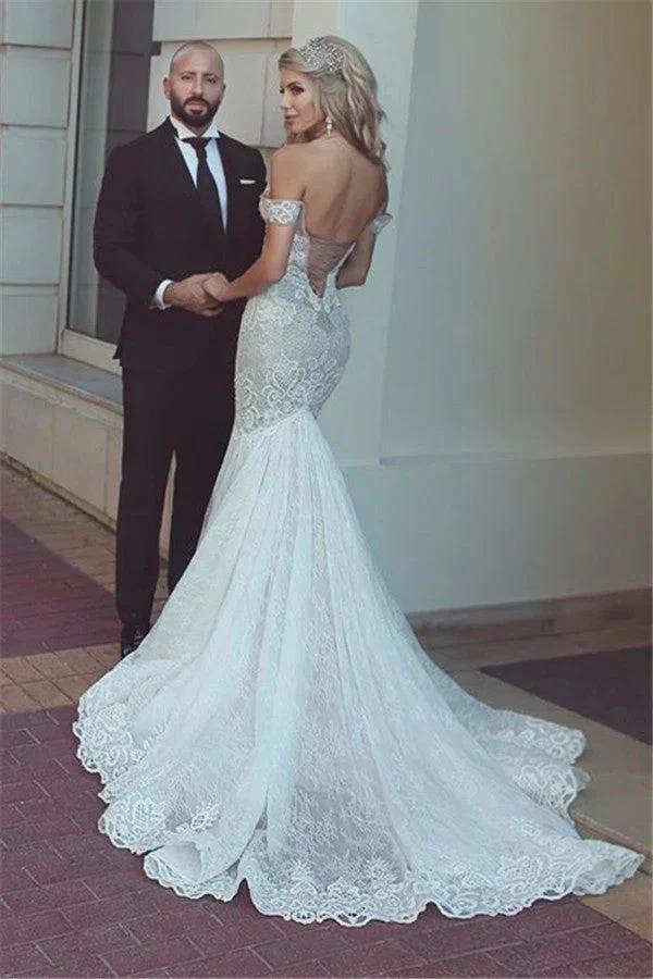 Beautiful Mermaid Lace Off-the-Shoulder Wedding Dress Bridal Wears by misshow.com
