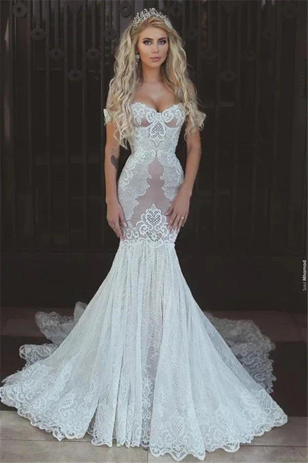 Beautiful Mermaid Lace Off-the-Shoulder Wedding Dress Bridal Wears by misshow.com