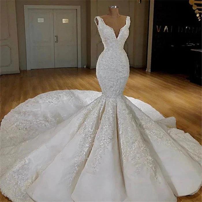 Beautiful Mermaid Lace Wedding Dress On Sale Straps Gorgeous Bridal Wears with Long Train by misshow.com
