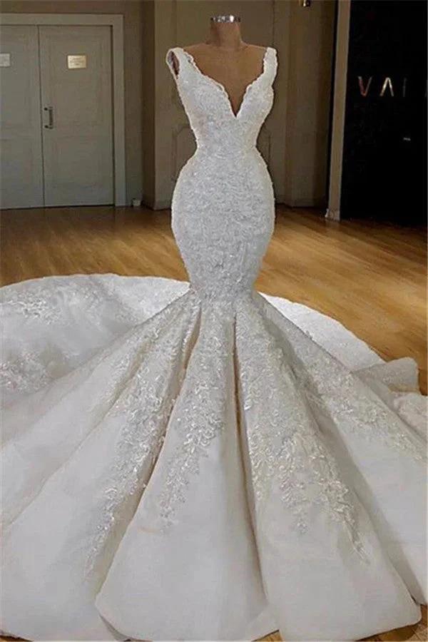 Beautiful Mermaid Lace Wedding Dress On Sale Straps Gorgeous Bridal Wears with Long Train by misshow.com